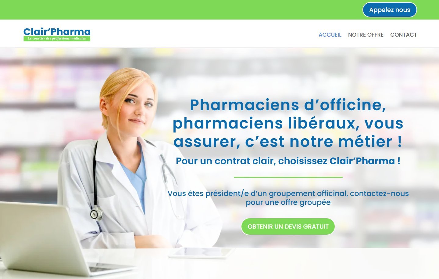 Page d'accueil du site clairpharma.fr sur ordinateur