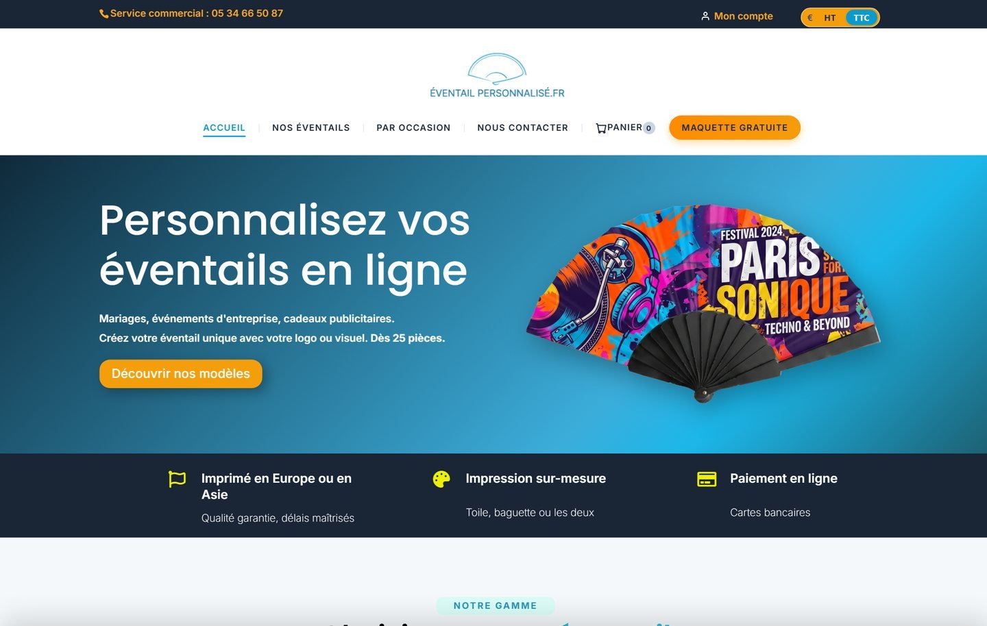 Page d'accueil de la boutique eventail-personnalise.fr sur ordinateur